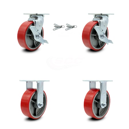 Service Caster 6 Inch Red Poly on Cast Iron Caster Set with 2 Brakes/Swivel Lock 2 Rigid SCC SCC-30CS620-PUR-RS-TLB-BSL-2-R-2